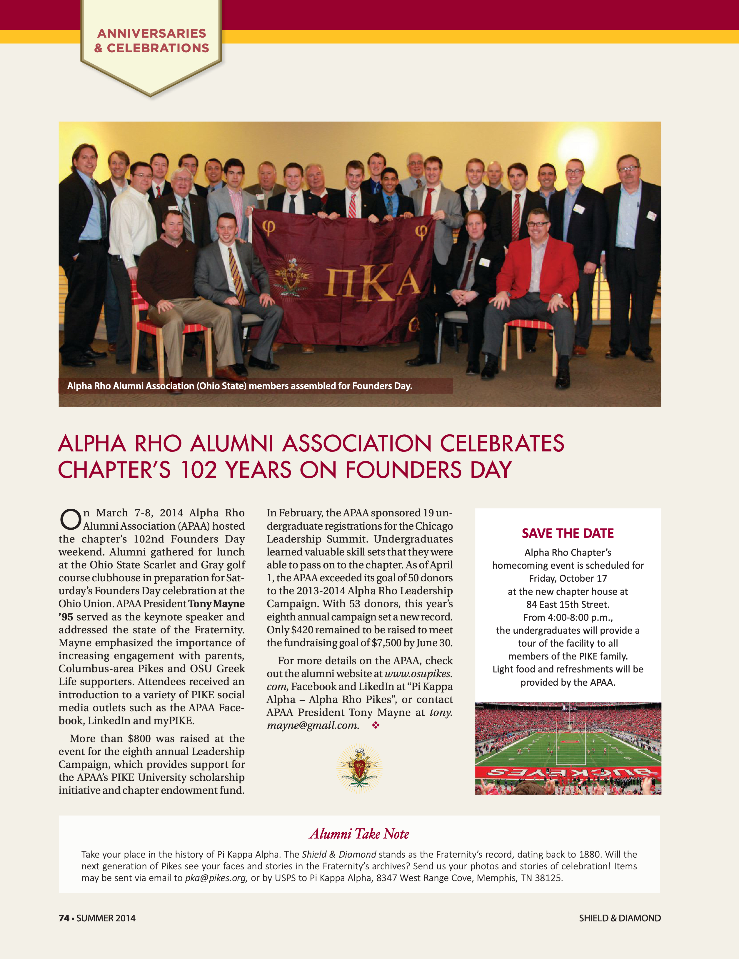 Anniversaries & Celebrations: Alpha Rho Alumni Association Celebrates Chapter's 102 Years On Founders Day, Summer 2014